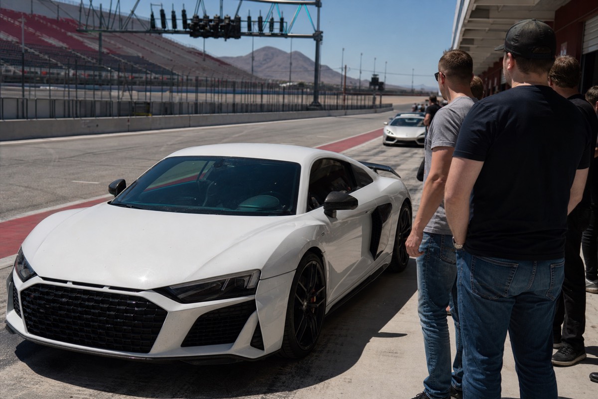 Bachelor party group celebrating around a supercar in the Las Vegas pit lane