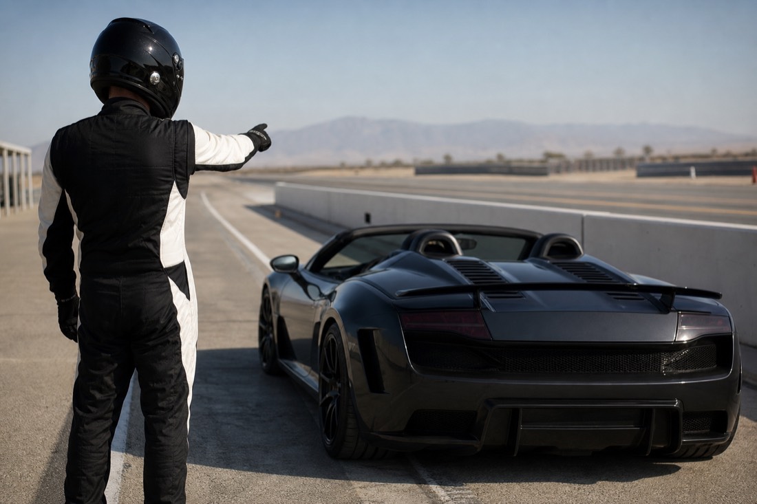 An instructor and driver in the pit lane beside a supercar at a Las Vegas track
